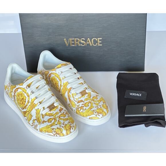 Versace Baroco Men\'s White/Gold Leather Sneakers 13 US (46 Euro) 1016936 NIB
